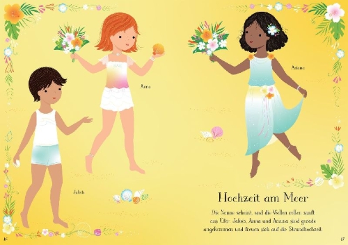 Buchcover und Innenansicht für das Buch: Mein erstes Anziehpuppen-Stickerbuch: Helen auf dem Hochzeitsfest