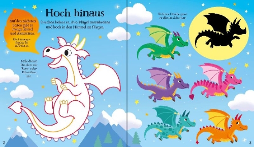 Buchcover und Innenansicht für das Buch: Mein buntes Glanzfolien-Buch: Schimmernde Drachen