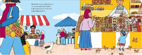 Buchcover und Innenansicht für das Buch: Möwe Emma im Gewimmel: Auf dem Markt