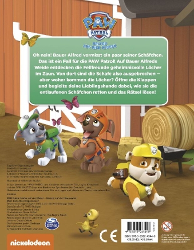 Buchcover und Innenansicht für das Buch: PAW Patrol: Einsatz auf dem Bauernhof - Mein tierisches Klappenbuch