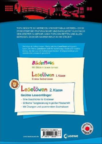 Buchcover und Innenansicht für das Buch: Leselöwen 2. Klasse - Die große Ninja-Prüfung (Großbuchstabenausgabe)