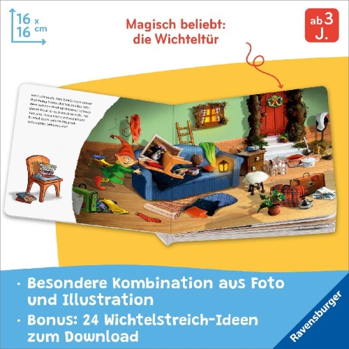 Buchcover und Innenansicht für das Buch: Hurra, der Wichtel ist da! Mein Wichteltür-Buch