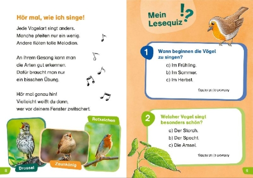 Buchcover und Innenansicht für das Buch: WAS IST WAS Erstes Lesen easy! Wie leben unsere Vögel?