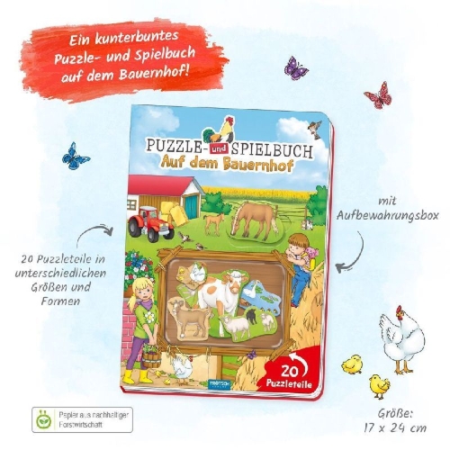 Buchcover und Innenansicht für das Buch: Trötsch Puzzle- und Spielbuch Auf dem Bauernhof