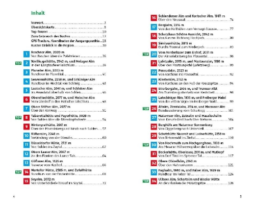 Buchcover und Innenansicht für das Buch: Alm- und Hüttenwanderungen Südtirol West