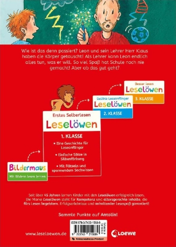 Buchcover und Innenansicht für das Buch: Leselöwen 1. Klasse - Hilfe, ich habe mich in meinen Lehrer verwandelt!