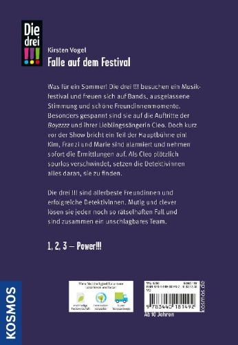 Buchcover und Innenansicht für das Buch: Die drei !!!, 118, Falle auf dem Festival