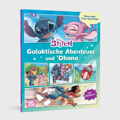Buchcover und Innenansicht für das Buch: Disney: Stitch: Meine ersten Comic-Geschichten: Galaktische Abenteuer und 'Ohana