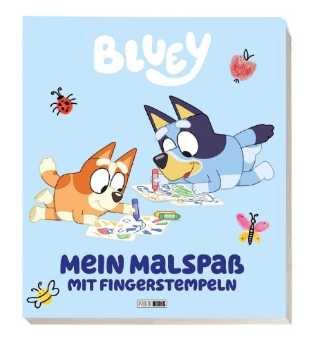 Buchcover und Innenansicht für das Buch: Bluey: Mein Malspaß mit Fingerstempeln