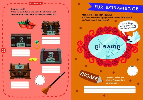 Buchcover und Innenansicht für das Buch: Leserätsel für mutige Kinder - Achtung, hier spukt's! - ab 6 Jahren