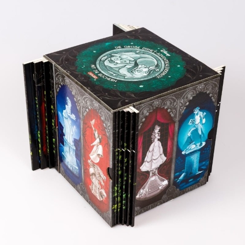 Buchcover und Innenansicht für das Buch: Disney: Die große Disney-Adventskalender-Box 2025 - Zauberhafte Weihnachts-Box mit 24 Büchern und 1.152 Seiten für Young Adults