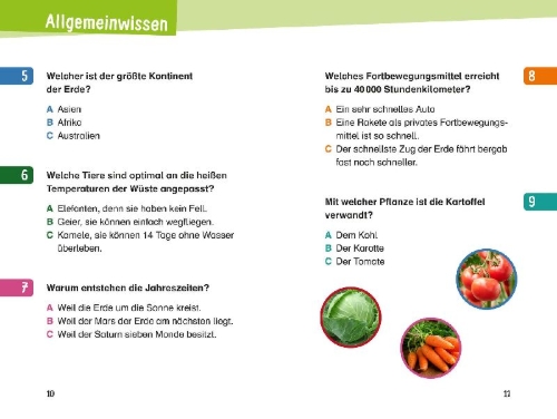 Buchcover und Innenansicht für das Buch: 133 spannende Quizfragen für schlaue Grundschulkinder