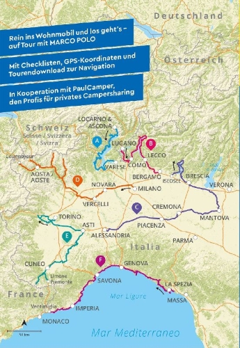 Buchcover und Innenansicht für das Buch: MARCO POLO Camper Guide Lombardei, Piemont & Ligurien