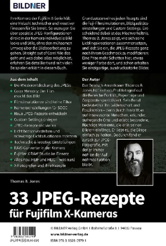 Buchcover und Innenansicht für das Buch: 33 JPEG-Rezepte für Fujifilm X-Kameras