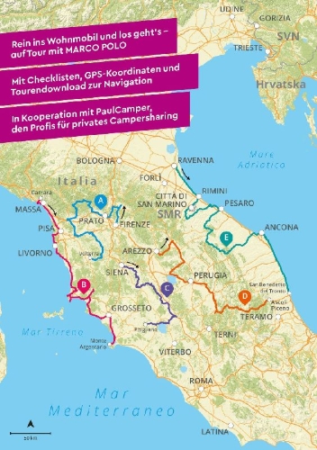 Buchcover und Innenansicht für das Buch: MARCO POLO Camper Guide Toskana, Umbrien & Marken