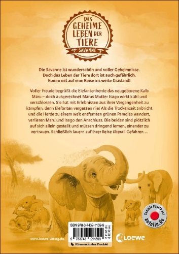 Buchcover und Innenansicht für das Buch: Das geheime Leben der Tiere (Savanne) - Maru - Die Reise der Elefanten