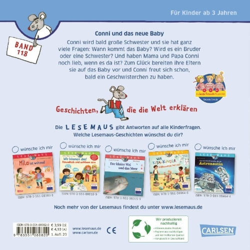 Buchcover und Innenansicht für das Buch: LESEMAUS 118: Conni und das neue Baby
