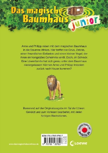 Buchcover und Innenansicht für das Buch: Das magische Baumhaus junior 11 - Im Reich der Löwen