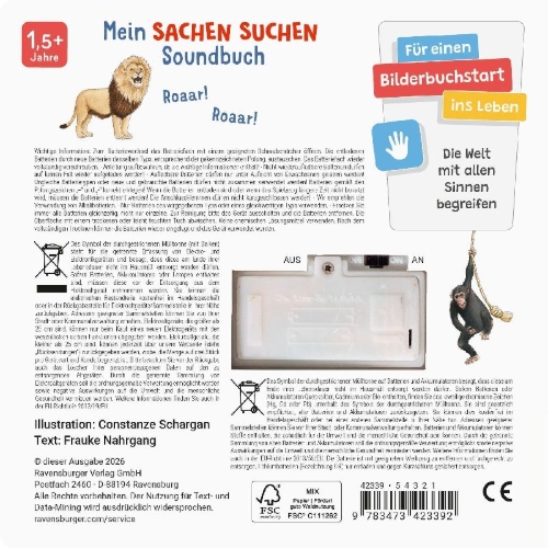 Buchcover und Innenansicht für das Buch: Hör mal hin - Sachen suchen, Sachen hören: Im Zoo