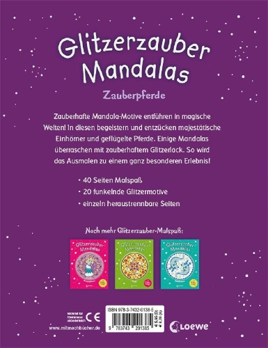 Buchcover und Innenansicht für das Buch: Glitzerzauber-Mandalas - Zauberpferde