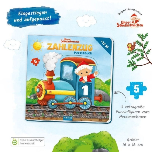 Buchcover und Innenansicht für das Buch: Trötsch Unser Sandmännchen Puzzlebuch Zahlenzug Puzzlebuch