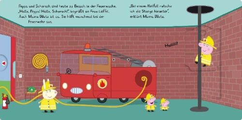 Buchcover und Innenansicht für das Buch: Peppa Pig: Peppa bei der Feuerwehr: Mein großer Schiebespaß