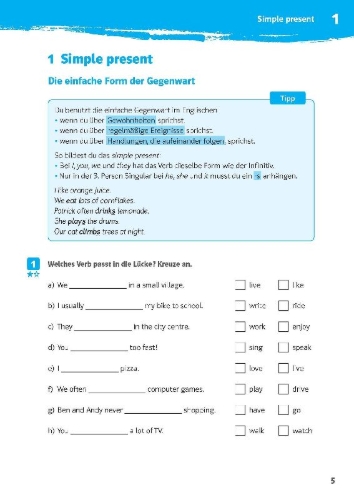 Buchcover und Innenansicht für das Buch: Klett 10-Minuten-Training Englisch Simple Present und Present Progressive 5. Klasse