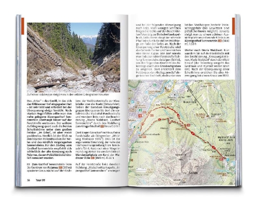 Buchcover und Innenansicht für das Buch: KOMPASS Wanderführer Stubaital und Wipptal mit Gschnitz, Obernberg, Navis, Schmirn, Vals, 65 Touren mit Extra-Tourenkarte