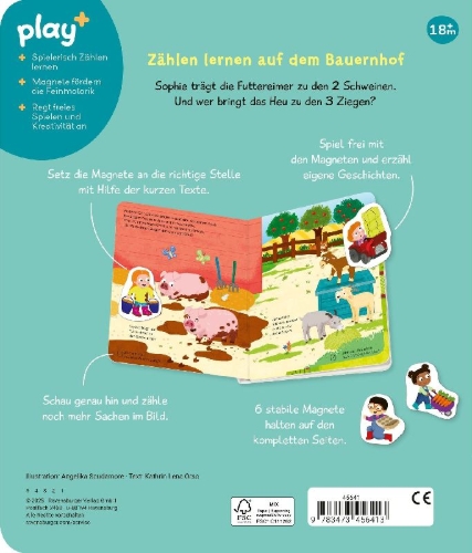 Buchcover und Innenansicht für das Buch: Play+ Mein Spiel mit-Magnetbuch Komm, wir lernen Zählen - ab 18 Monate