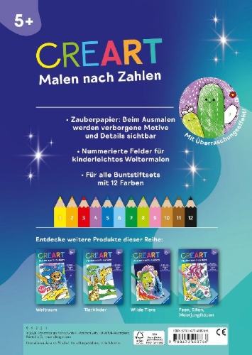 Buchcover und Innenansicht für das Buch: CreArt Malen nach Zahlen ab 5 - Zauberpapier: Kawaii Süße Freunde