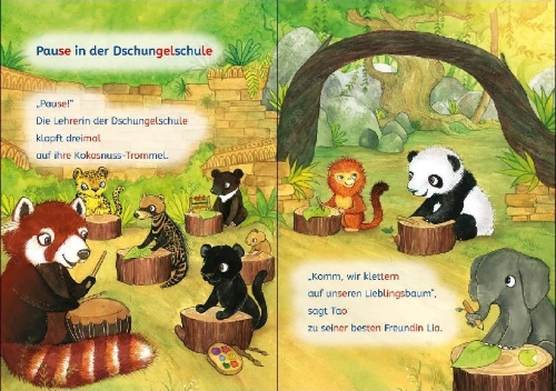 Buchcover und Innenansicht für das Buch: Leselöwen Lesetraining 1. Klasse - Ein Panda in der Dschungelschule