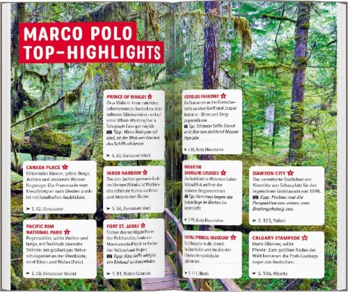 Buchcover und Innenansicht für das Buch: MARCO POLO Reiseführer Kanada West, Rocky Mountains, Vancouver