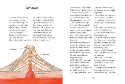 Buchcover und Innenansicht für das Buch: Alles klar! Der kleine Drache Kokosnuss erforscht die Vulkane