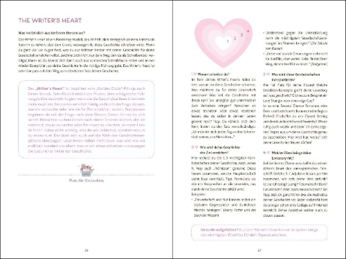 Buchcover und Innenansicht für das Buch: Writing Romance. Dein Schreib-Workshop für deine ultimative Lovestory
