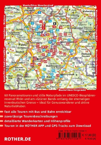 Buchcover und Innenansicht für das Buch: ROTHER Wanderführer Rhön. 60 Panoramatouren im UNESCO-Biosphärenreservat Rhön und entlang des 'Grünen Bands'
