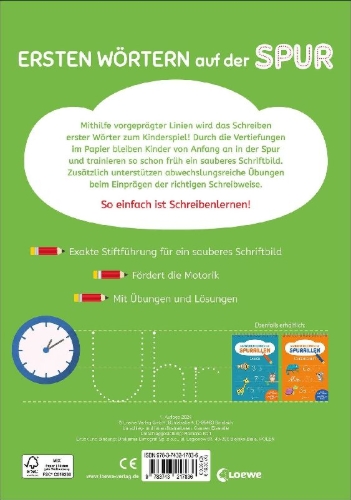 Buchcover und Innenansicht für das Buch: Schreiben lernen mit Spurrillen - Erste Wörter