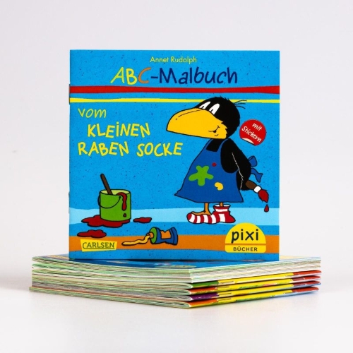 Buchcover und Innenansicht für das Buch: Pixi-8er-Set 193: Der kleine Rabe Socke mit Stickern (8x1 Exemplar)