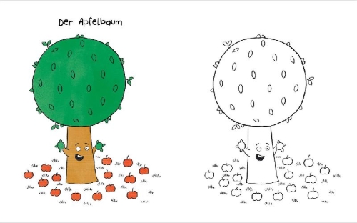Buchcover und Innenansicht für das Buch: Schüttel den Apfelbaum - Malbuch