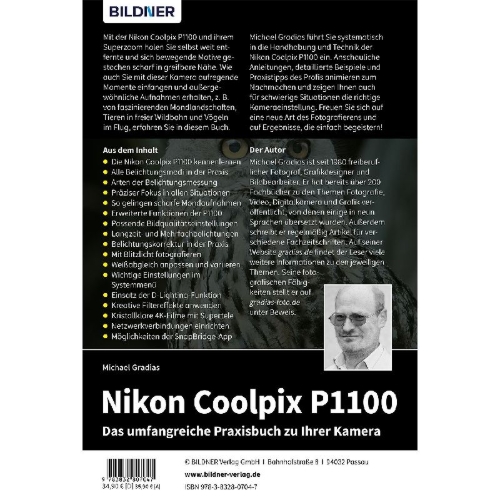 Buchcover und Innenansicht für das Buch: Nikon Coolpix P1100 - Das umfangreiche Praxisbuch zu Ihrer Kamera