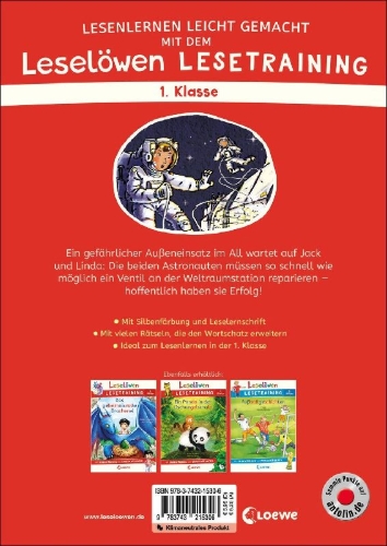 Buchcover und Innenansicht für das Buch: Leselöwen Lesetraining 1. Klasse - Alarm auf der Weltraumstation