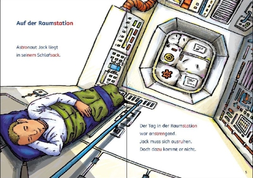 Buchcover und Innenansicht für das Buch: Leselöwen Lesetraining 1. Klasse - Alarm auf der Weltraumstation