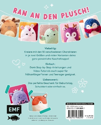 Buchcover und Innenansicht für das Buch: So squishy nähen: Niedliche Plüschtiere in groß und klein für Squishmallow-Fans mit @mommymade
