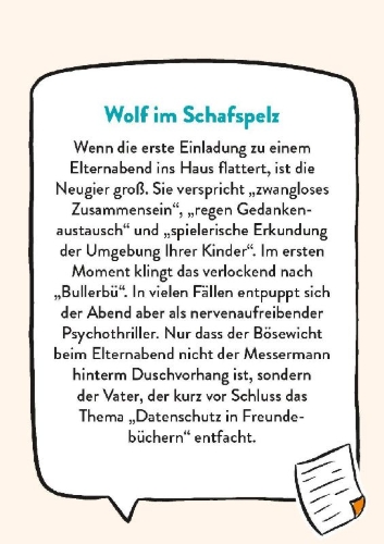 Buchcover und Innenansicht für das Buch: Survival Guide für den Elternabend