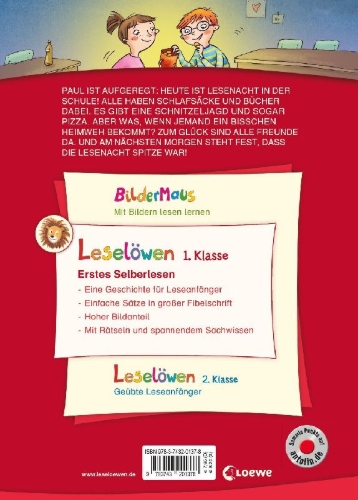 Buchcover und Innenansicht für das Buch: Leselöwen 1. Klasse - Lesenacht im Klassenzimmer
