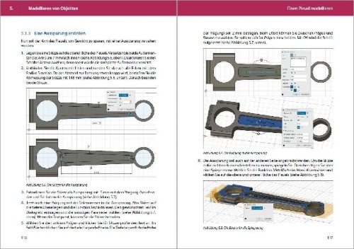 Buchcover und Innenansicht für das Buch: Autodesk Fusion - 3D CAD - Konstruktion - Fertigung - Einstieg und Praxis mit vielen Praxisbeispielen