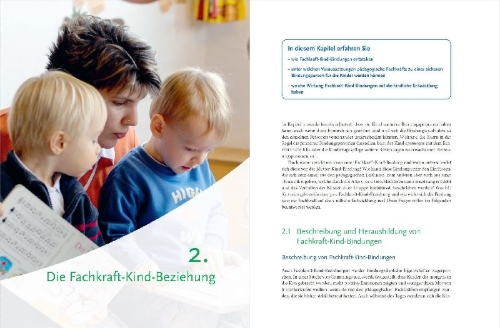 Buchcover und Innenansicht für das Buch: Eingewöhnung und Beziehungsaufbau in Krippe und Kita
