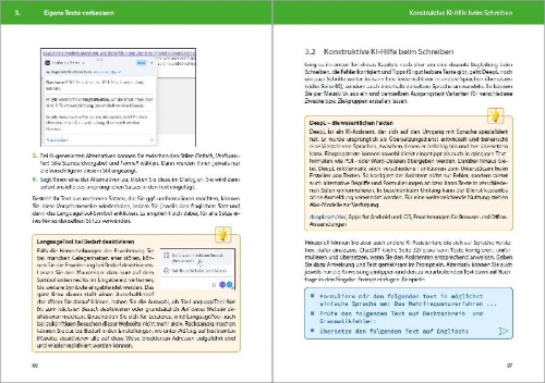 Buchcover und Innenansicht für das Buch: KI im praktischen Einsatz - Einstieg in KI Tools und Prompts - Texte, Bilder, Musik, Videoclips mit KI generieren