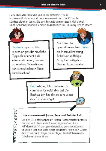 Buchcover und Innenansicht für das Buch: Die drei ??? Kids: Mein Übungsheft Mathe 1. Klasse - Rechnen bis 20