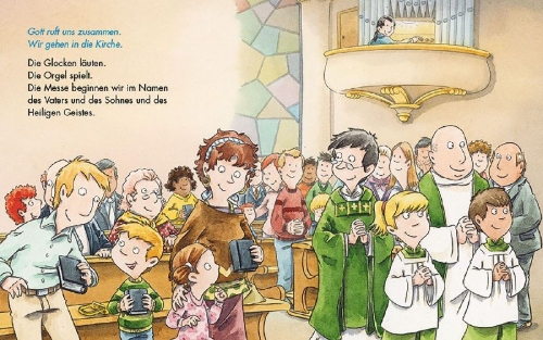 Buchcover und Innenansicht für das Buch: Komm mit in die Kirche (Pappbilderbuch)