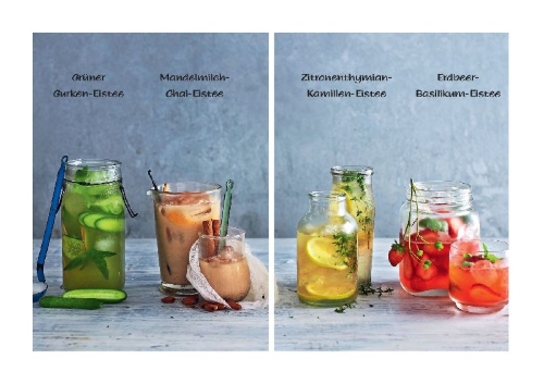 Buchcover und Innenansicht für das Buch: Eistee selber machen. Weniger Zucker, 100 % Natur